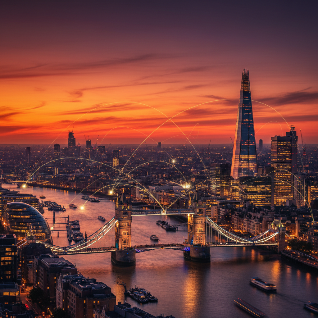 A vibrant, photorealistic cityscape of London at sunset, with iconic landmarks like the Shard and Tower Bridge visible, symbolizing business opportunities and global connections. The sky is a mix of orange and purple hues.