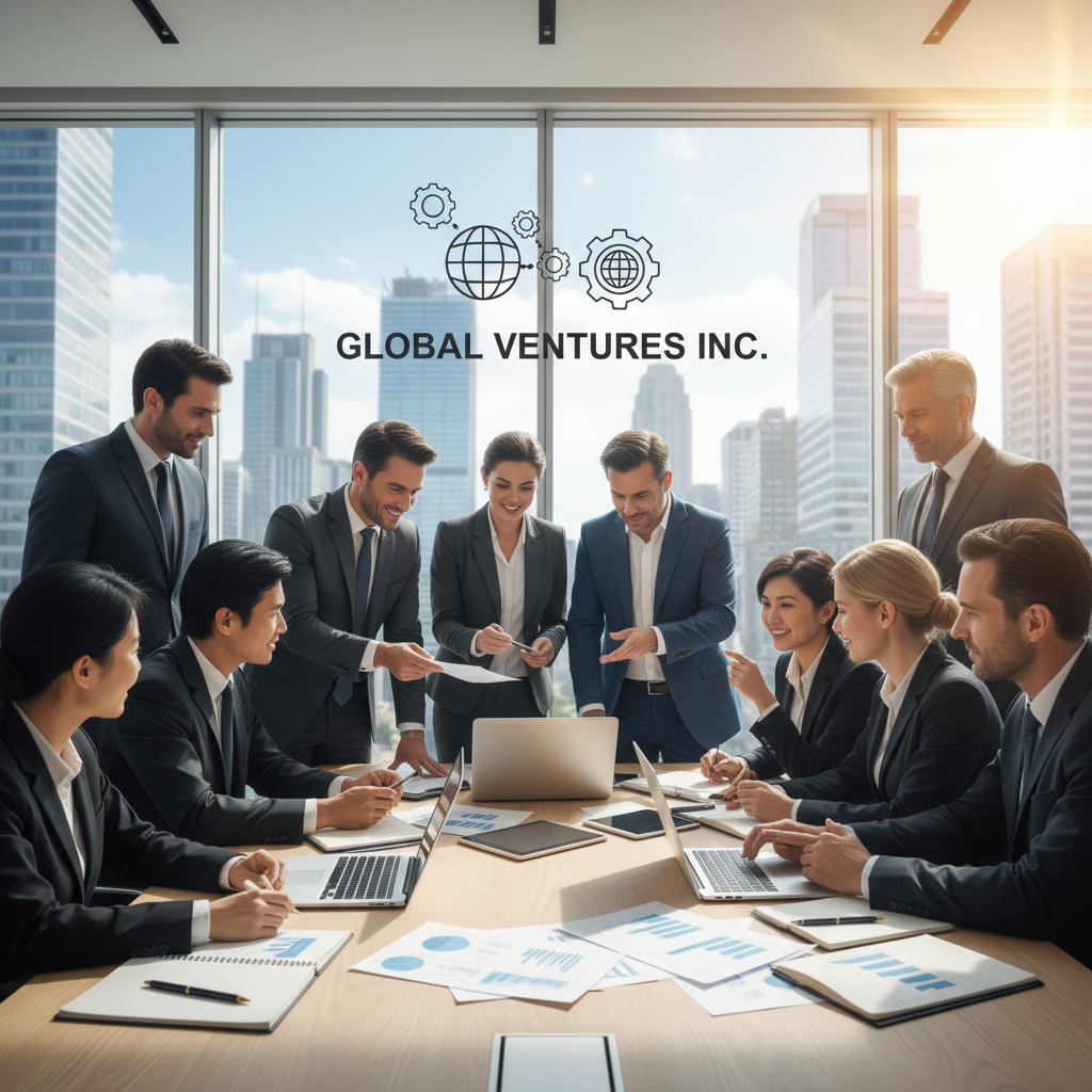 A diverse group of international business professionals in a modern, brightly lit office, collaborating around a large table with laptops and documents, symbolizing successful company formation and global teamwork.