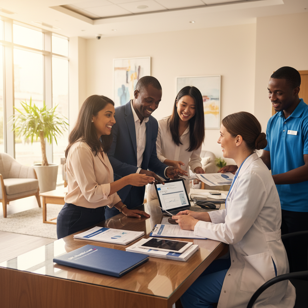 A diverse group of smiling expats consulting with a friendly healthcare professional in a bright, modern UK clinic, discussing health insurance options. Realistic, warm lighting.