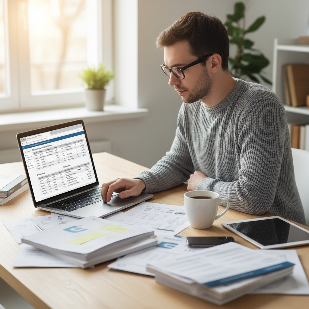 A person sitting comfortably at a modern desk, comparing different health insurance policies on a laptop, surrounded by paperwork and a cup of coffee. The setting is bright and focused. Realistic, detailed.