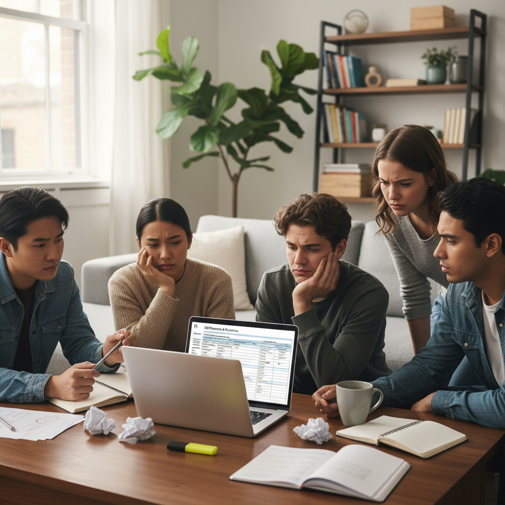 A diverse group of young expats looking at a laptop with UK tax forms on the screen, appearing slightly perplexed but determined. The setting is a modern, light-filled apartment living room, with notes scattered on a coffee table. Photorealistic, soft natural lighting.