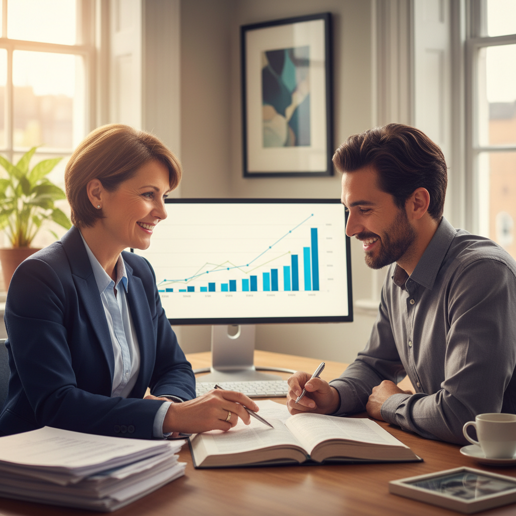 A professional, friendly UK accountant in a modern office setting, discussing tax documents with a smiling expat. The expat is holding a pen and looking at a document on a desk, with a financial chart visible on a computer screen in the background. The atmosphere is calm and reassuring. Photorealistic, warm and professional lighting.