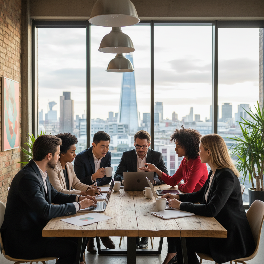 A diverse group of international business professionals in a modern co-working space in London, casually discussing financial strategies and looking at laptops. The background shows blurred iconic London landmarks like the Shard and the Gherkin through a large window. Photorealistic with natural lighting.