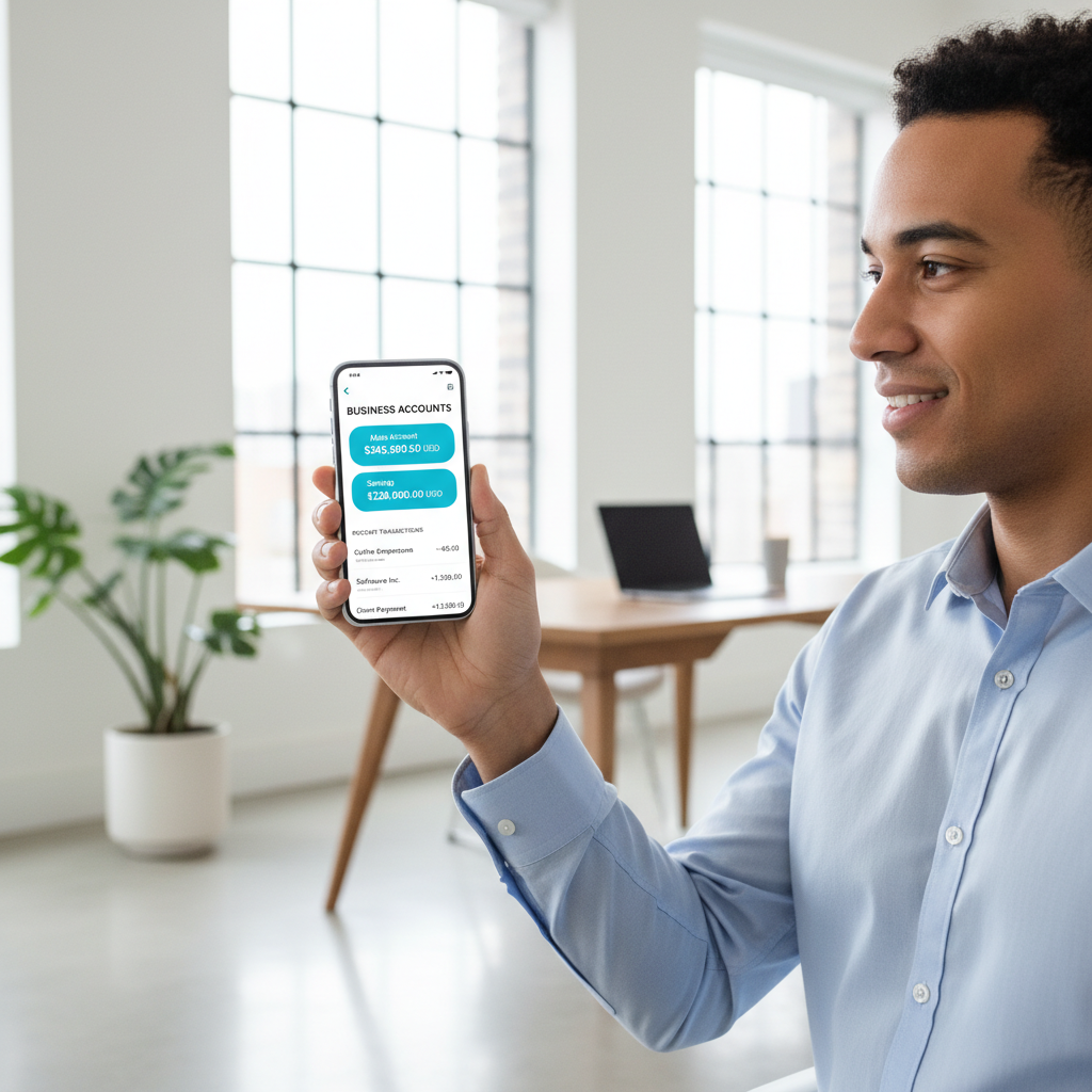 A person with a relaxed smile is confidently holding a smartphone, looking at a modern, clean mobile banking app interface displaying business account balances and recent transactions. The background is a bright, minimalist office space, suggesting ease and efficiency in managing finances digitally. Photorealistic, clean aesthetic.