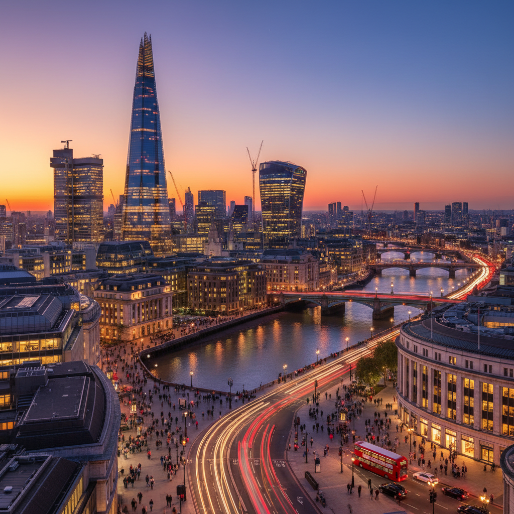 A vibrant, photorealistic cityscape view of London at dusk, showcasing iconic landmarks like the Shard and the Gherkin, with a busy but organized feel, symbolizing a thriving business environment for expats.