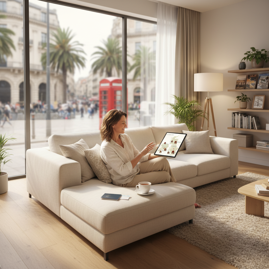 A wide shot of a person, a British expat perhaps, sitting comfortably in a modern, well-lit living room abroad, looking at a tablet displaying a map of the United Kingdom with various house icons. A subtle hint of an iconic UK landmark (like Big Ben or a red telephone box) can be seen blurred in the background, suggesting their connection to the UK. The lighting is soft and inviting, giving a sense of aspiration and planning.