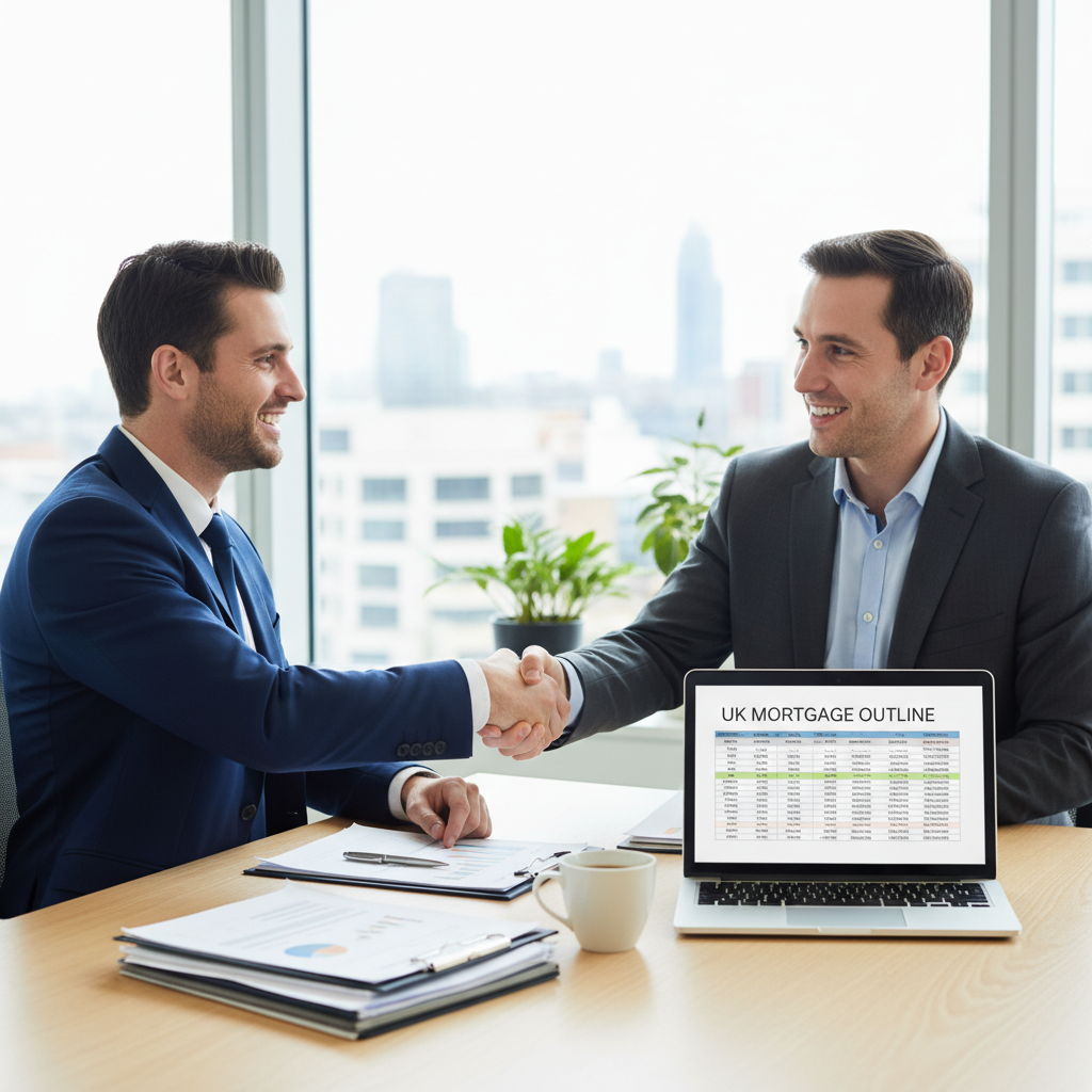 A professional and friendly meeting taking place in a modern office. A British expat, dressed smartly, is shaking hands with a knowledgeable UK mortgage advisor. On the table between them are neatly organised documents, a laptop displaying mortgage figures, and a mug of coffee. The atmosphere is collaborative and reassuring, with soft natural light streaming in.