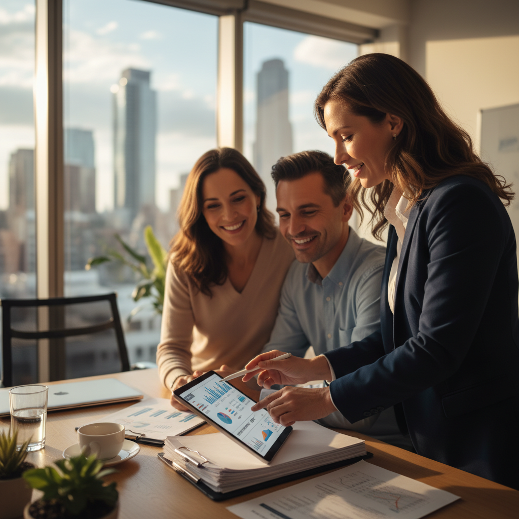 A professional financial advisor in a modern, light-filled office, explaining complex tax documents to a smiling expat couple using a tablet. The background shows a blurry cityscape. Photorealistic, warm lighting.