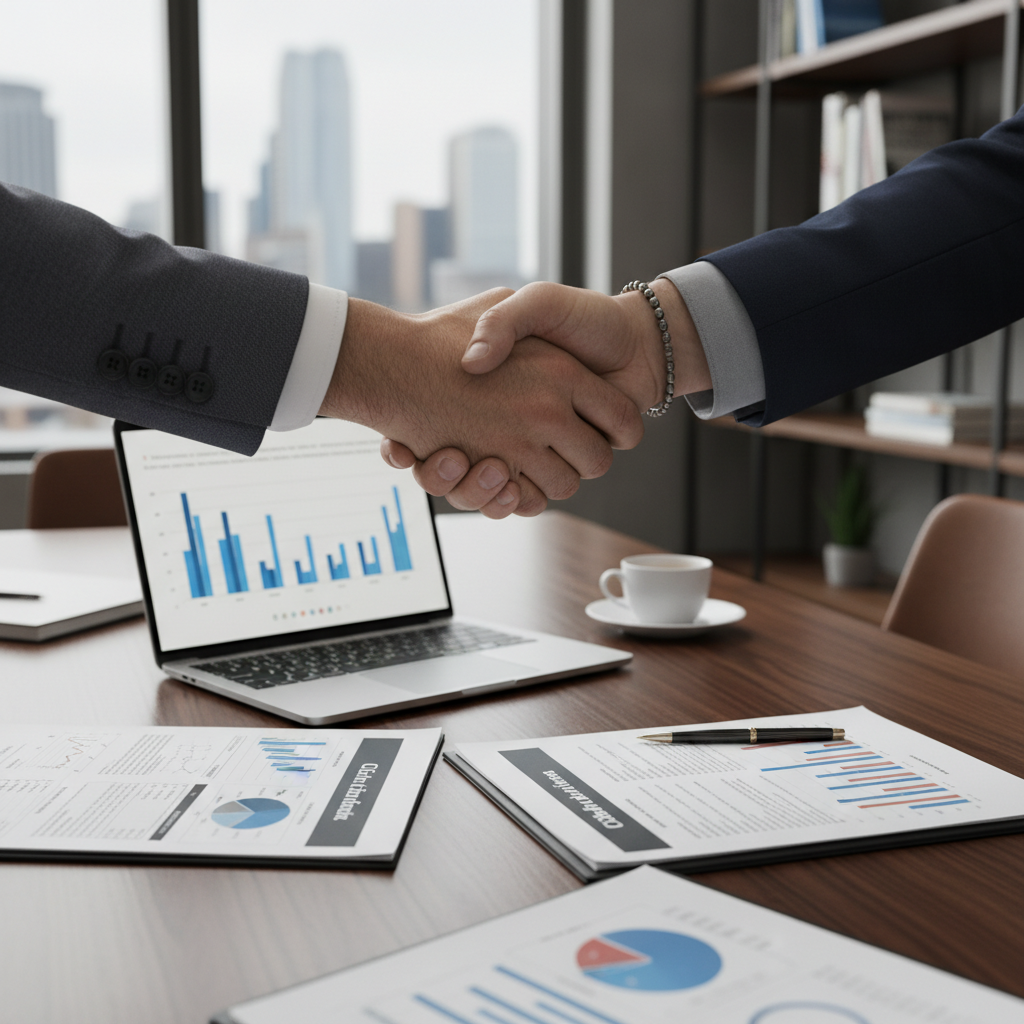 A close-up shot of hands shaking over a desk with open financial documents and a laptop showing charts. The focus is on the handshake, symbolizing trust and agreement between a client and a financial advisor. Photorealistic, professional setting.