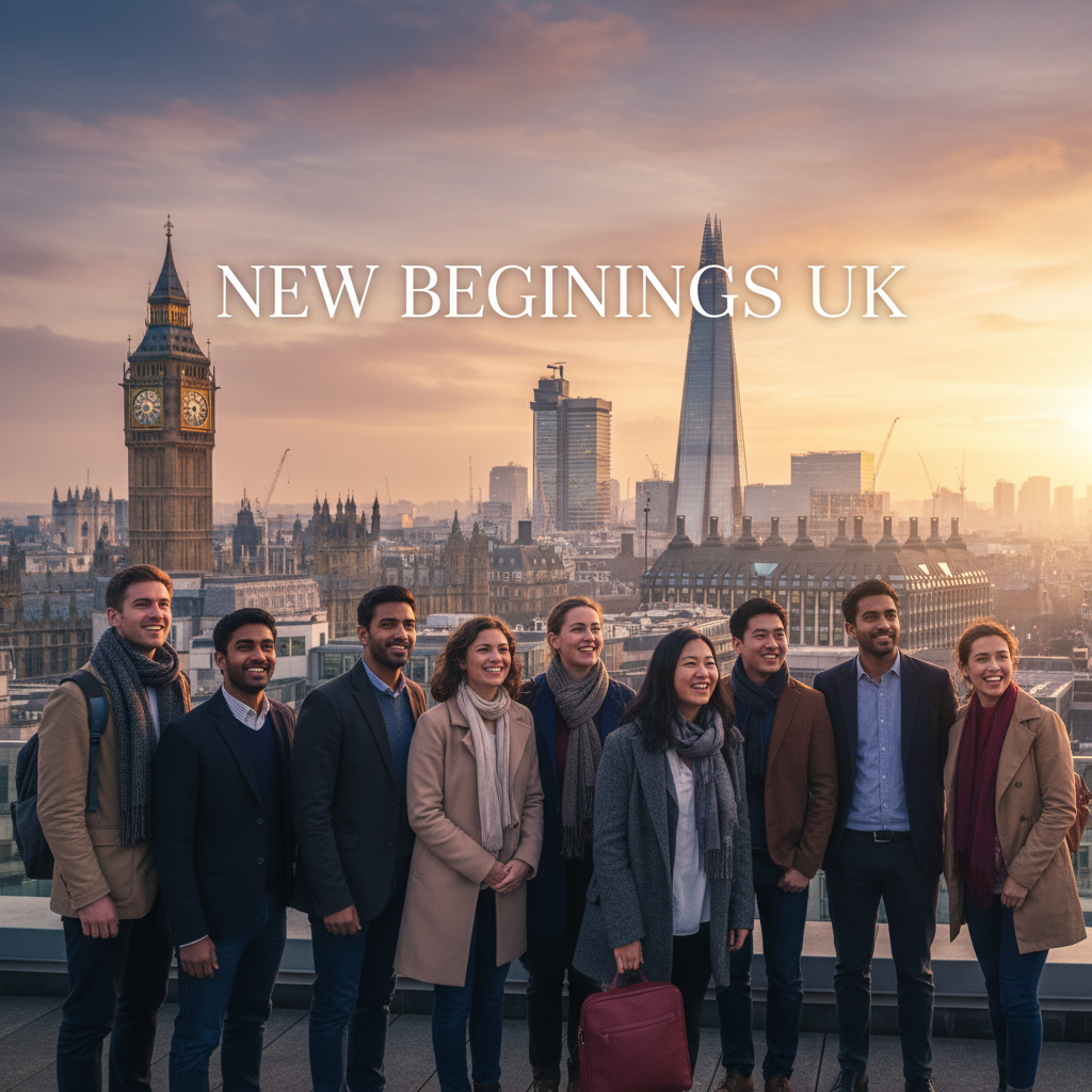 A diverse group of expats looking hopeful at the London skyline, symbolizing new beginnings in the UK, with Big Ben and the Shard visible in the background, in a photorealistic style.