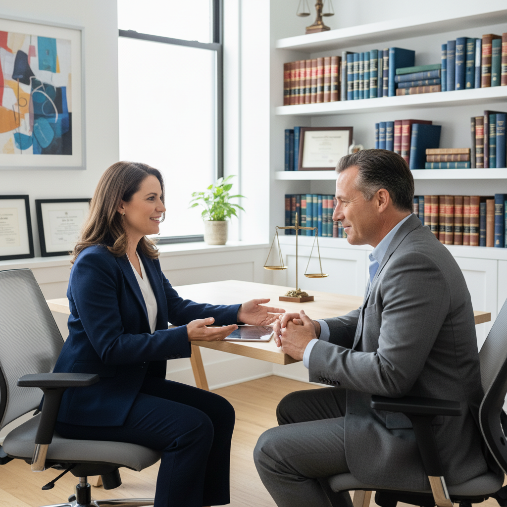 A lawyer and a client having a reassuring discussion in a modern office, showing trust and professional guidance, with legal books subtly in the background, in a bright and inviting style.