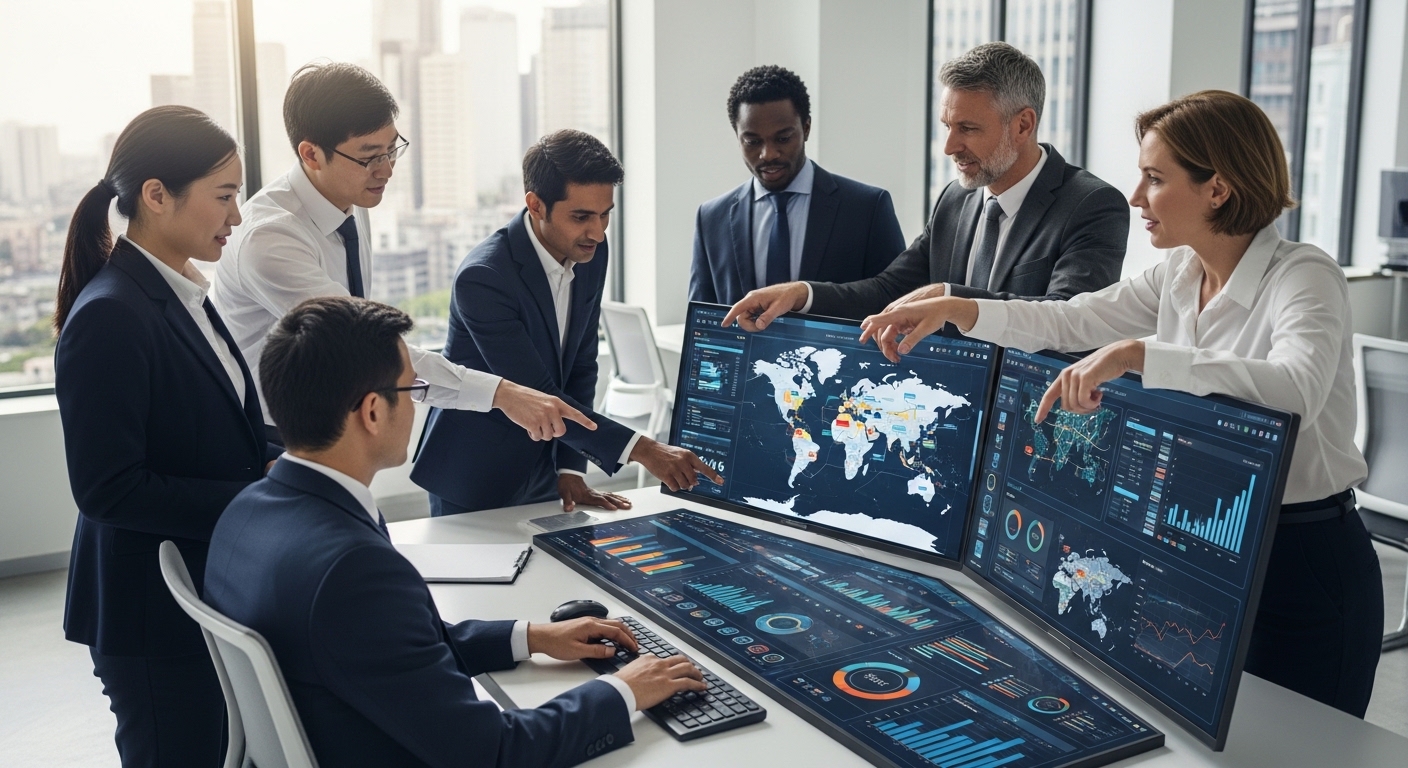 A diverse team of business professionals from different countries collaborating seamlessly on a digital dashboard, representing global business operations. The scene should be modern and vibrant, with multiple screens displaying CRM interfaces and data visualizations.