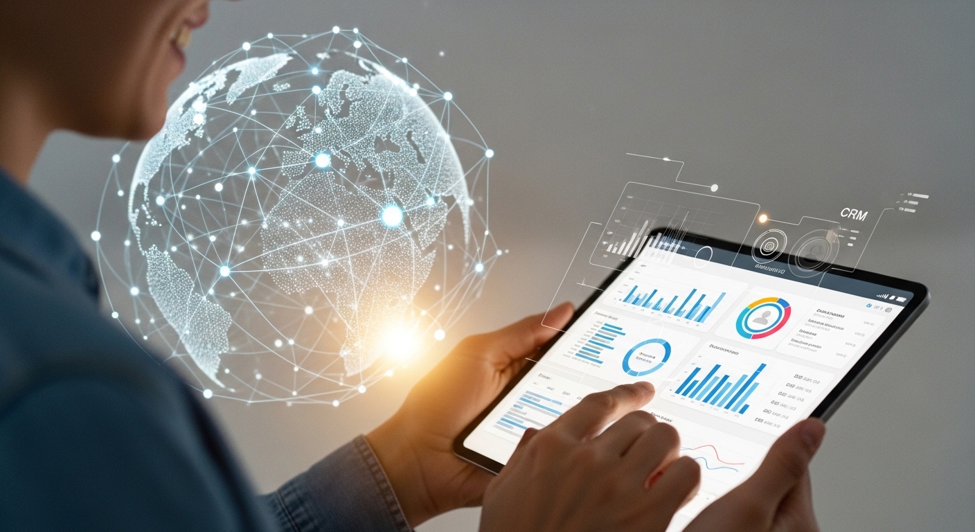 A user happily interacting with a CRM interface on a tablet, with a blurred background showing a globe and connecting lines, symbolizing global connectivity and ease of use. The lighting is soft and inviting.