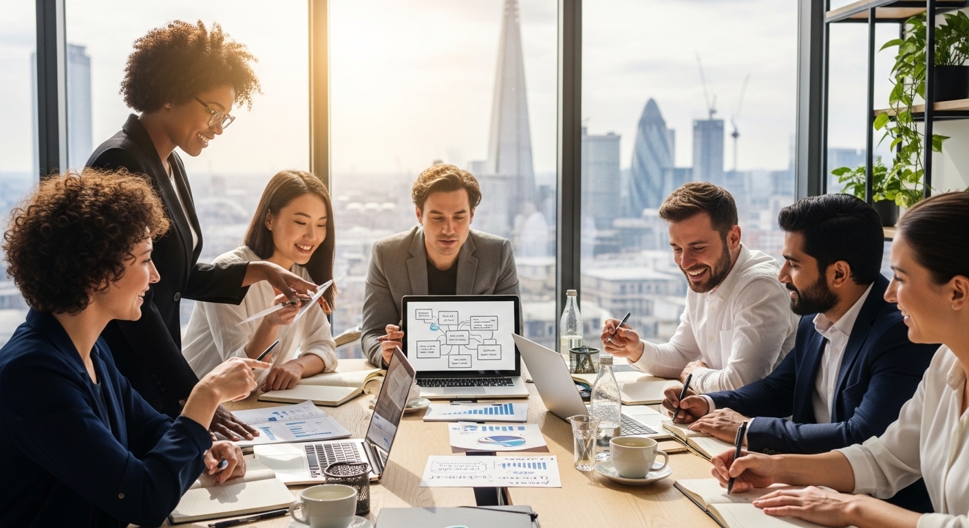 A diverse group of smiling entrepreneurs from different backgrounds collaborating in a modern, light-filled UK office, discussing business plans with laptops and notebooks, showing a sense of global business community and innovation.