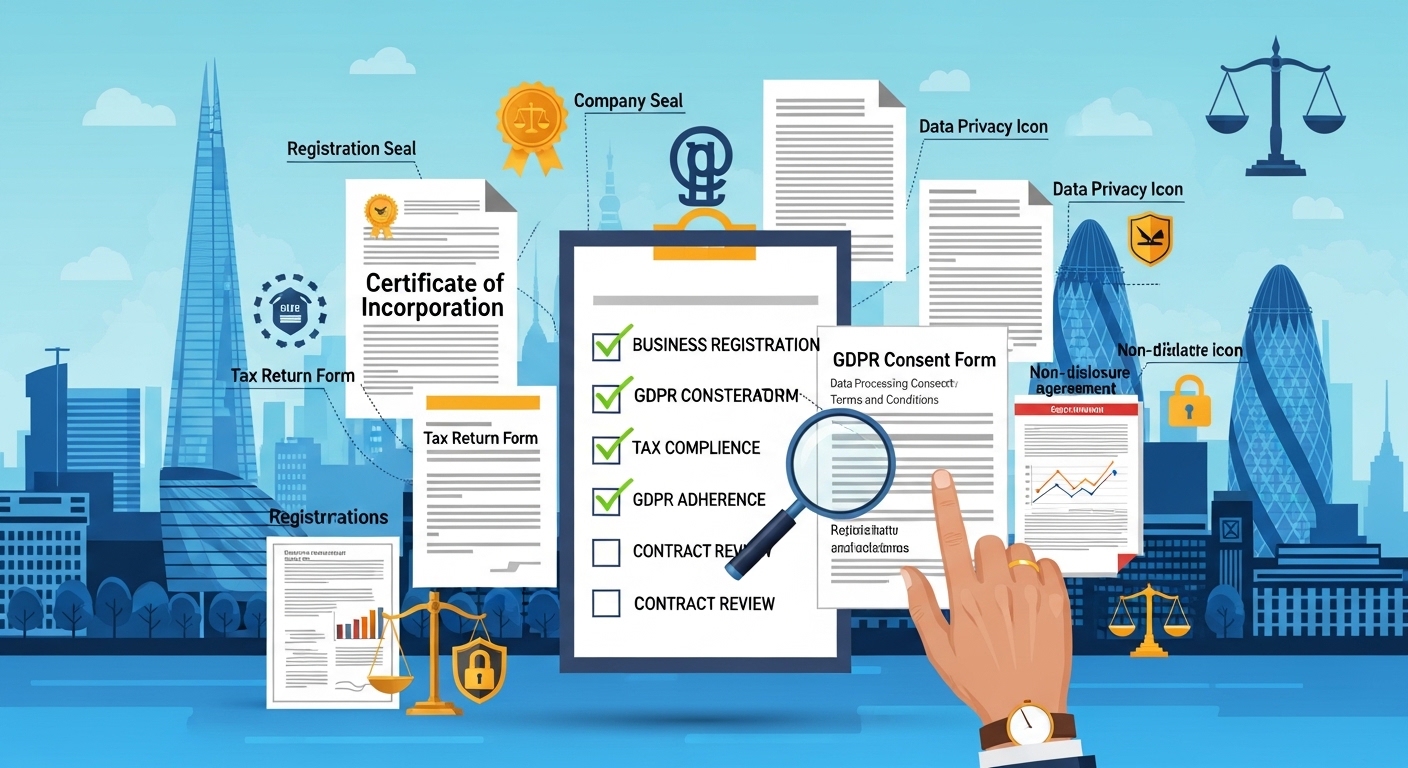 A stylized infographic showing various legal documents, registration forms, and compliance icons (like a GDPR symbol and a tax form), with a magnifying glass highlighting important details, set against a vibrant background of the London skyline and a diverse professional hand pointing to a checklist.