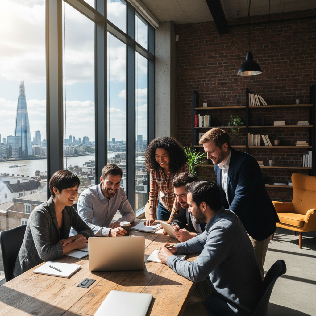A diverse group of expat entrepreneurs happily collaborating in a modern, brightly lit coworking space in London, UK. They are looking at a laptop screen together, discussing business plans with smiles. Sunlight streams through large windows, revealing the London skyline in the background. The atmosphere is energetic and collaborative, with diverse individuals representing different nationalities.