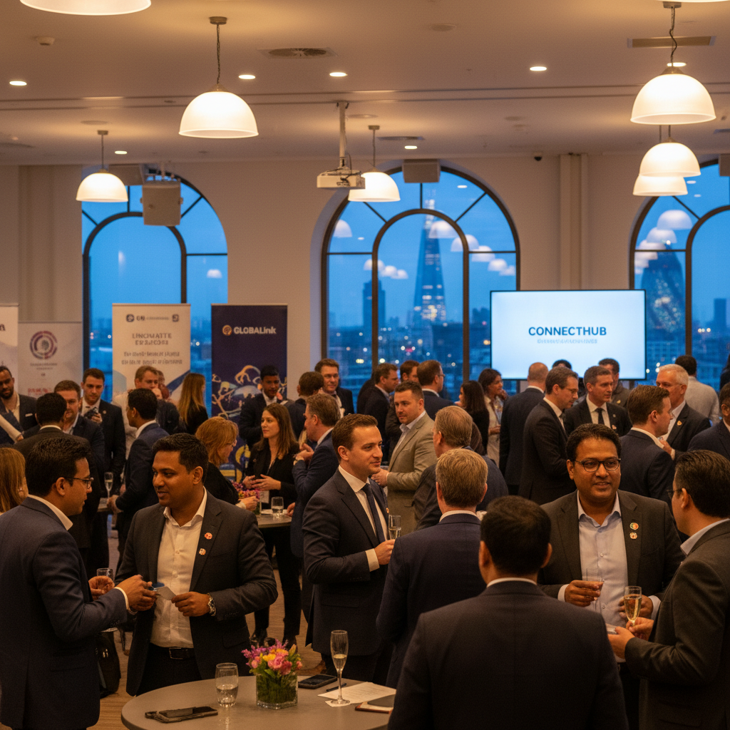 A professional networking event taking place in a modern conference hall in central London. Diverse individuals, including many clearly identifiable as expats, are engaging in lively conversations, exchanging business cards, and smiling. The lighting is warm and inviting, and there are branded banners for tech startups in the background. The scene conveys connection and opportunity.