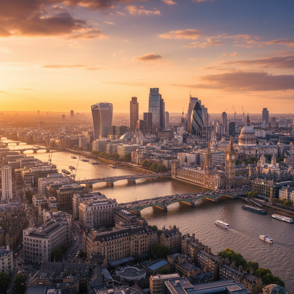 A diverse skyline of London showing a mix of modern skyscrapers and historical buildings, with the River Thames visible. The scene should convey economic vibrancy and opportunity. Photorealistic, wide shot during golden hour.