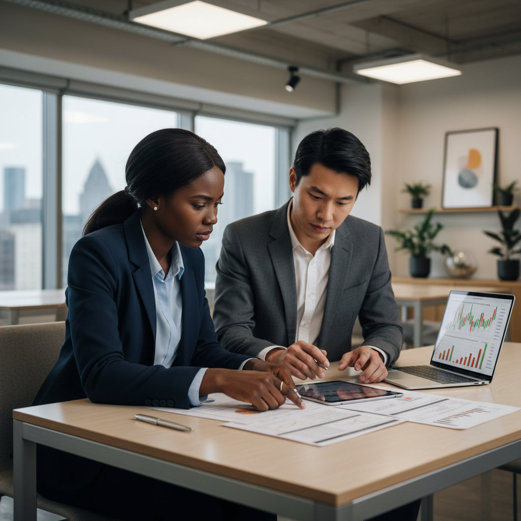 Two diverse business professionals, one male and one female, engaged in a serious yet friendly discussion over financial documents on a modern office desk. A laptop shows investment charts in the background. Photorealistic, well-lit, professional setting.