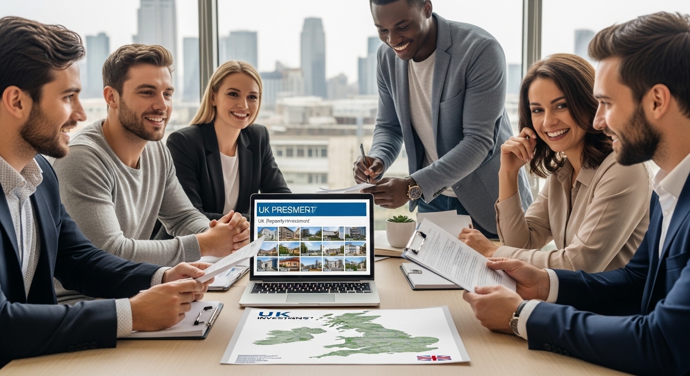 A diverse group of expats, looking happy and confident, gathered around a table with a laptop displaying UK property listings, a map of the UK, and legal documents. They are discussing investment strategies in a modern, well-lit office environment, with a cityscape visible through a window in the background. The atmosphere is collaborative and optimistic, highlighting successful UK property investment for expats. Highly detailed and photorealistic.