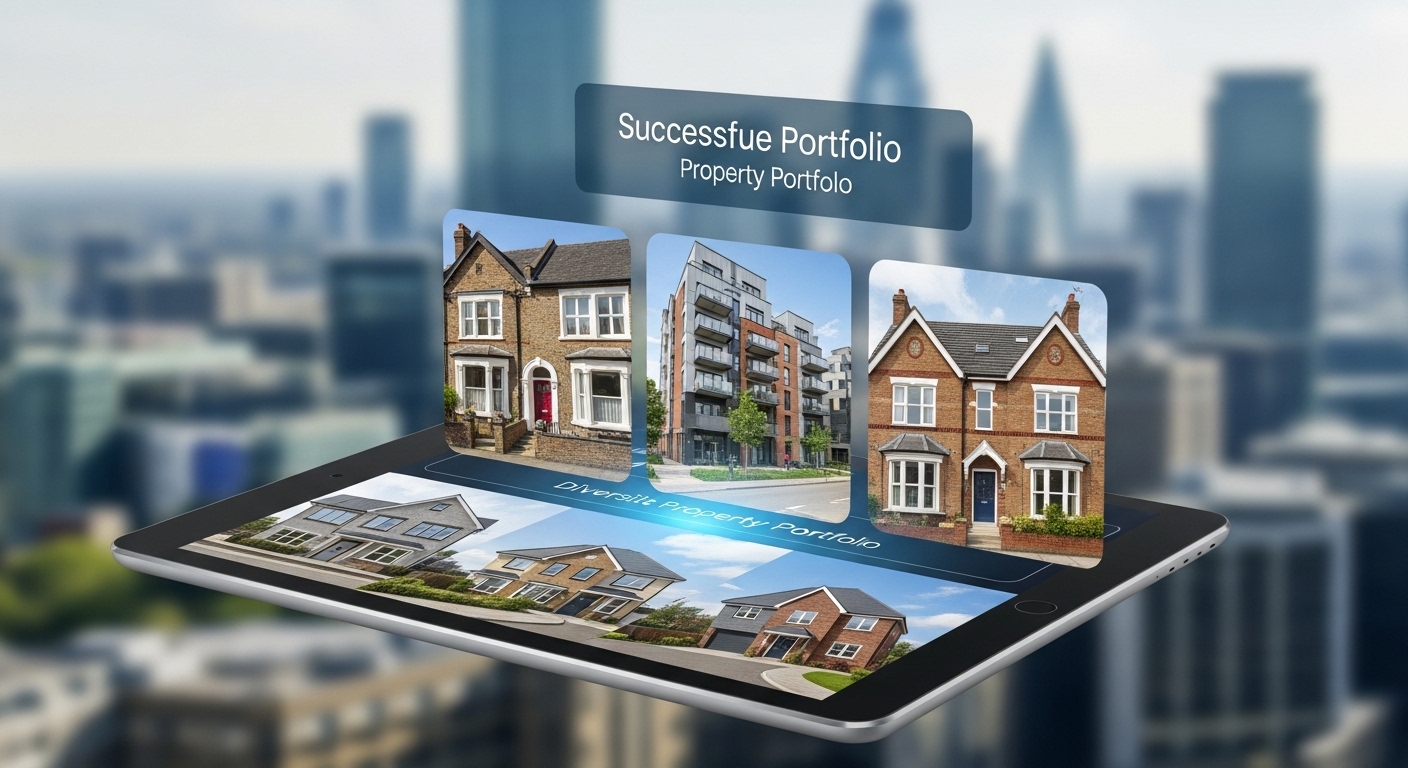 A modern, diverse property portfolio displayed digitally on a sleek tablet screen, showing different types of UK properties like a Victorian terraced house, a contemporary city apartment, and a new build semi-detached home. The background is a blurred, dynamic UK cityscape, suggesting growth and investment. The image is clean, professional, and visually appealing, highlighting successful portfolio management for expats. Highly detailed and photorealistic.